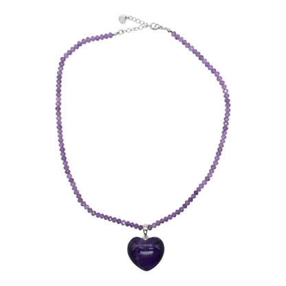 Collier facetté avec pendentif Améthyste forme cœur acier inoxydable argenté