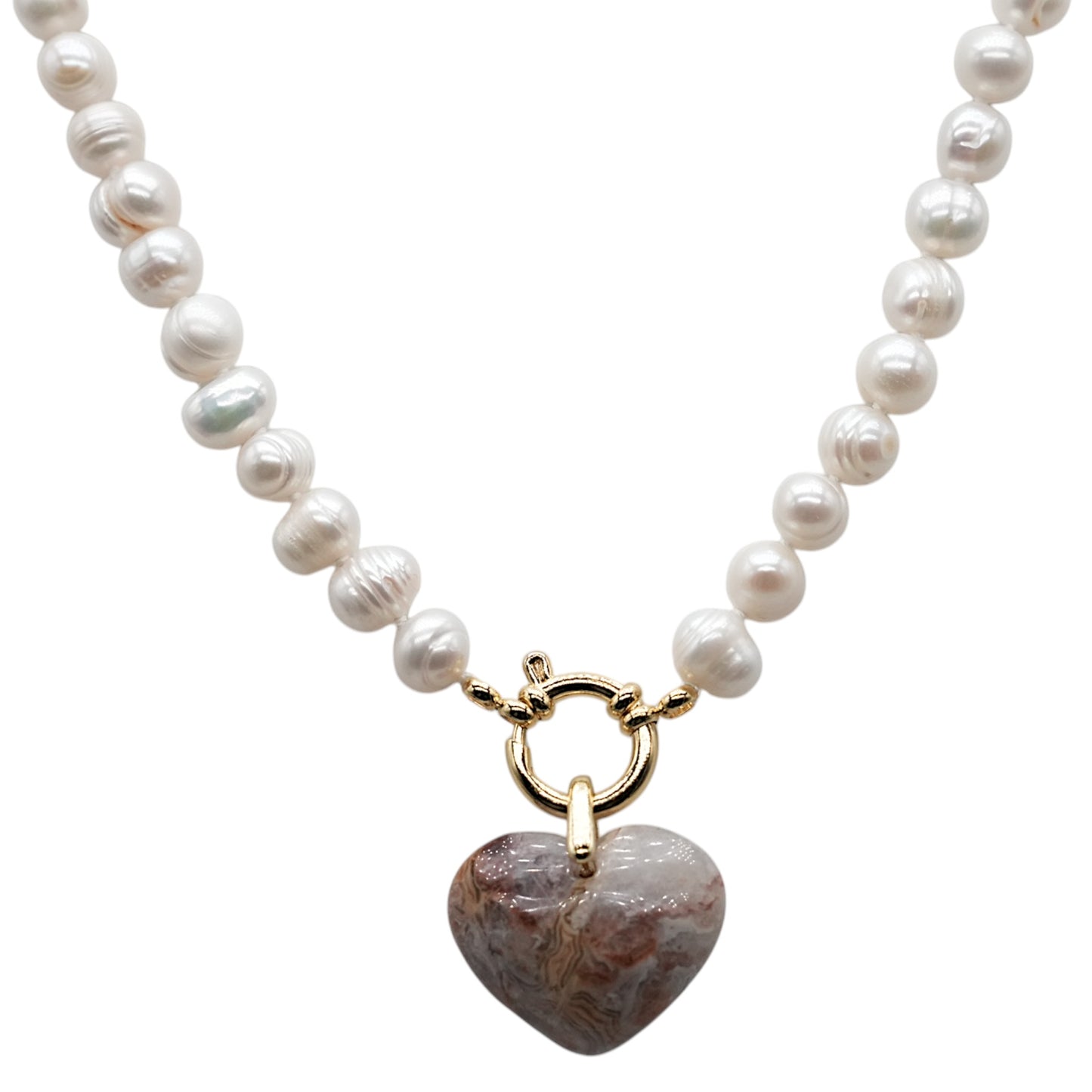 Collier perle d’eau douce 7-8 mm bouée en acier doré ou argenté avec pendentif cœur Agate Crazy