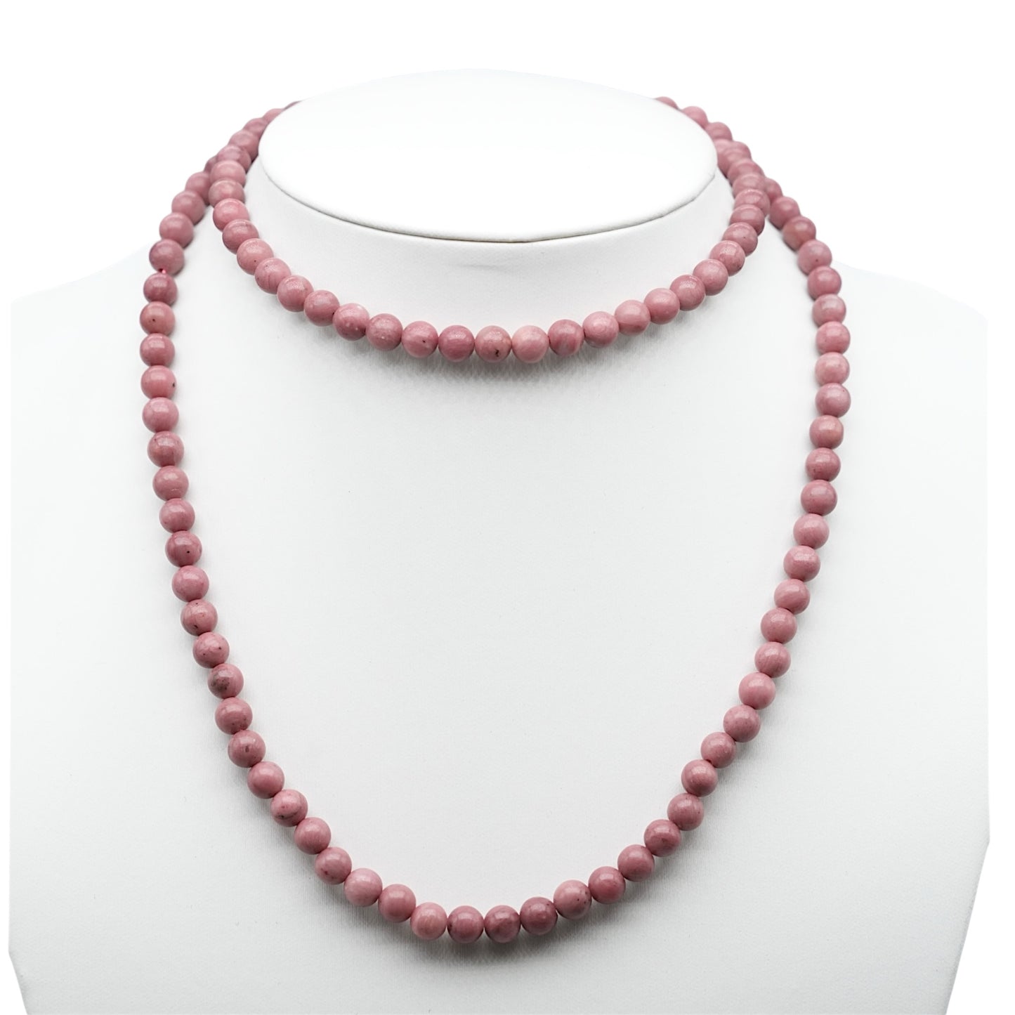 Collier sautoir 75 cm Rhodonite rose 6 mm avec fermoir en acier inoxydable argenté