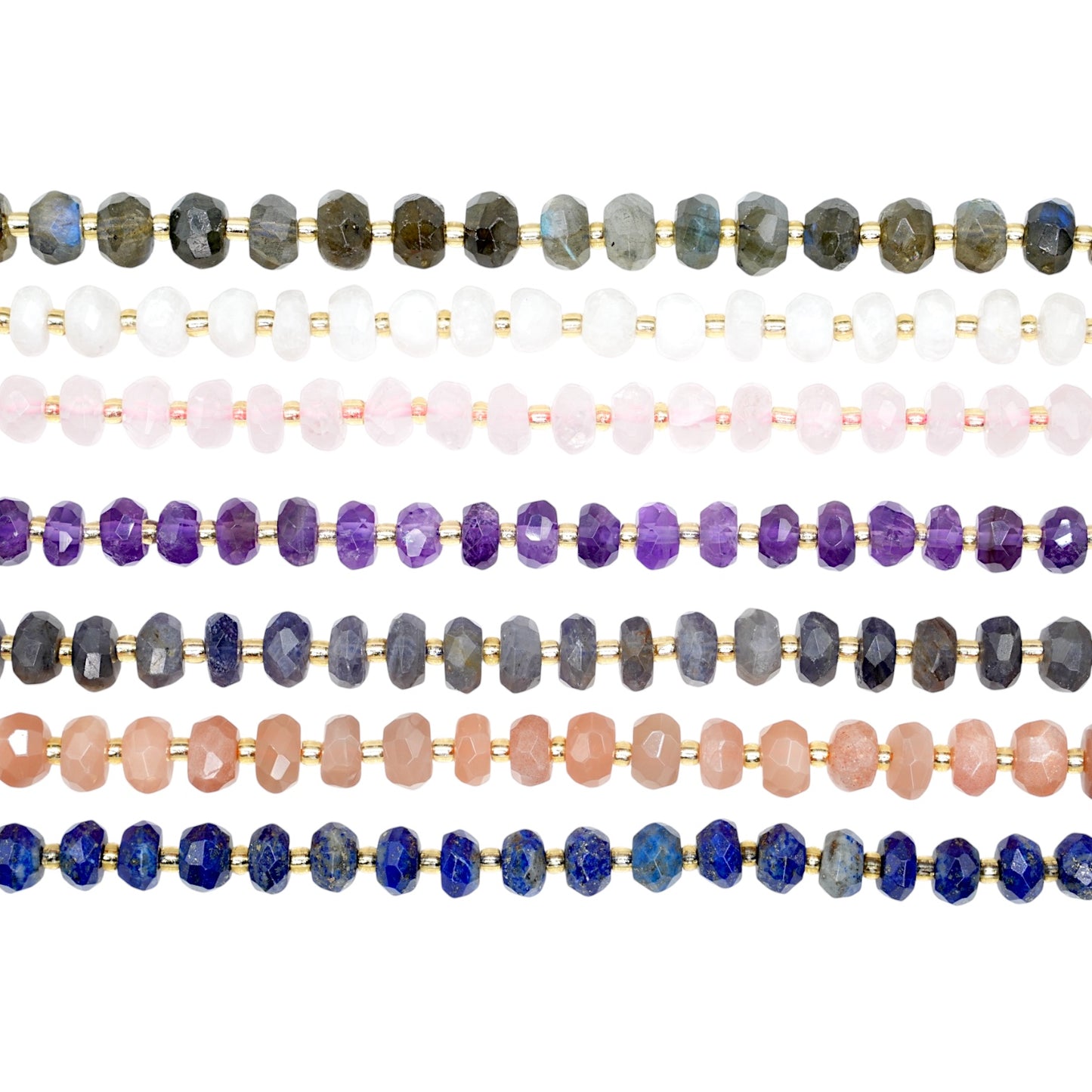 Fil de perle en rondelle facetté avec perles rocailles 5x8 mm (7 pierres disponible)