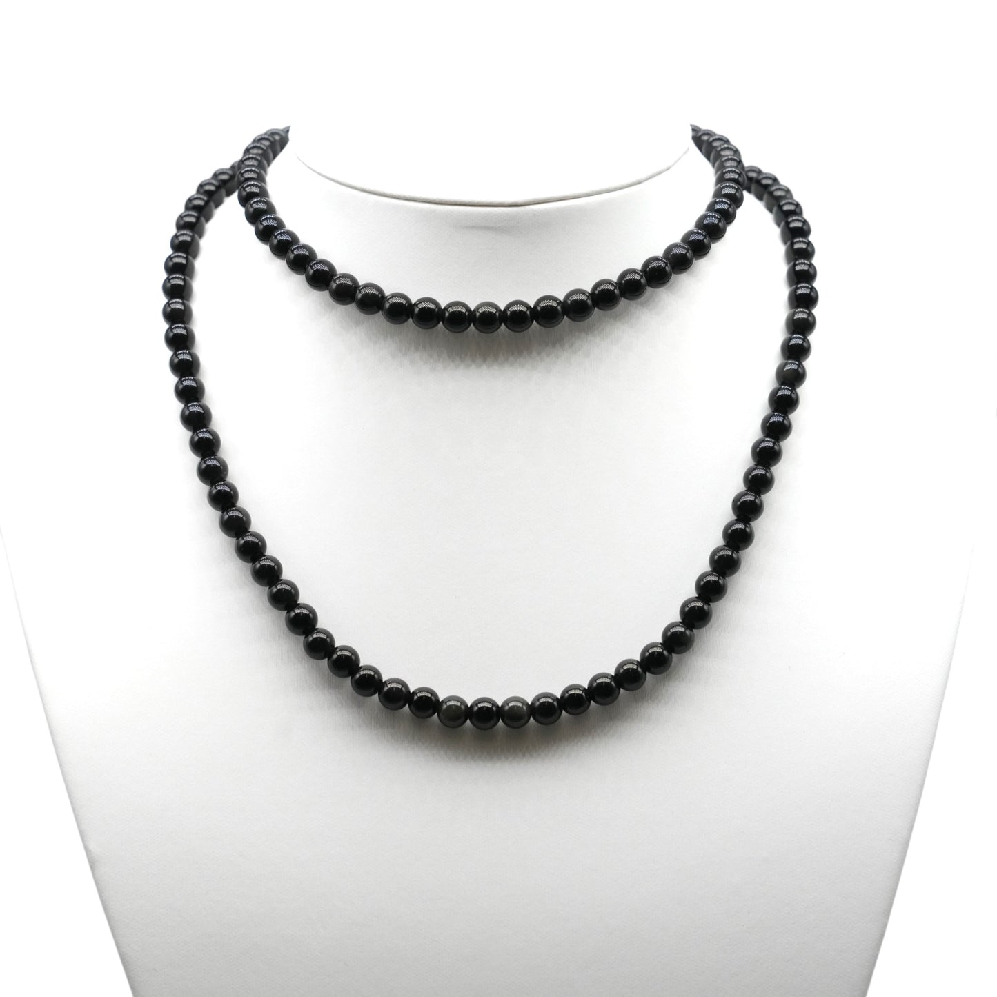 Collier sautoir 75 cm Obsidienne oeil céleste 6 mm avec fermoir en acier inoxydable argenté