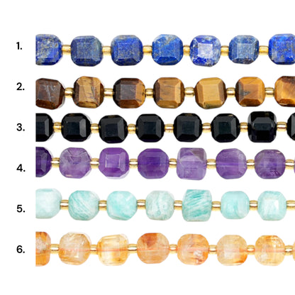 Fil de perles cube au bord arrondie facetté 8x8 mm (6 pierres disponibles)