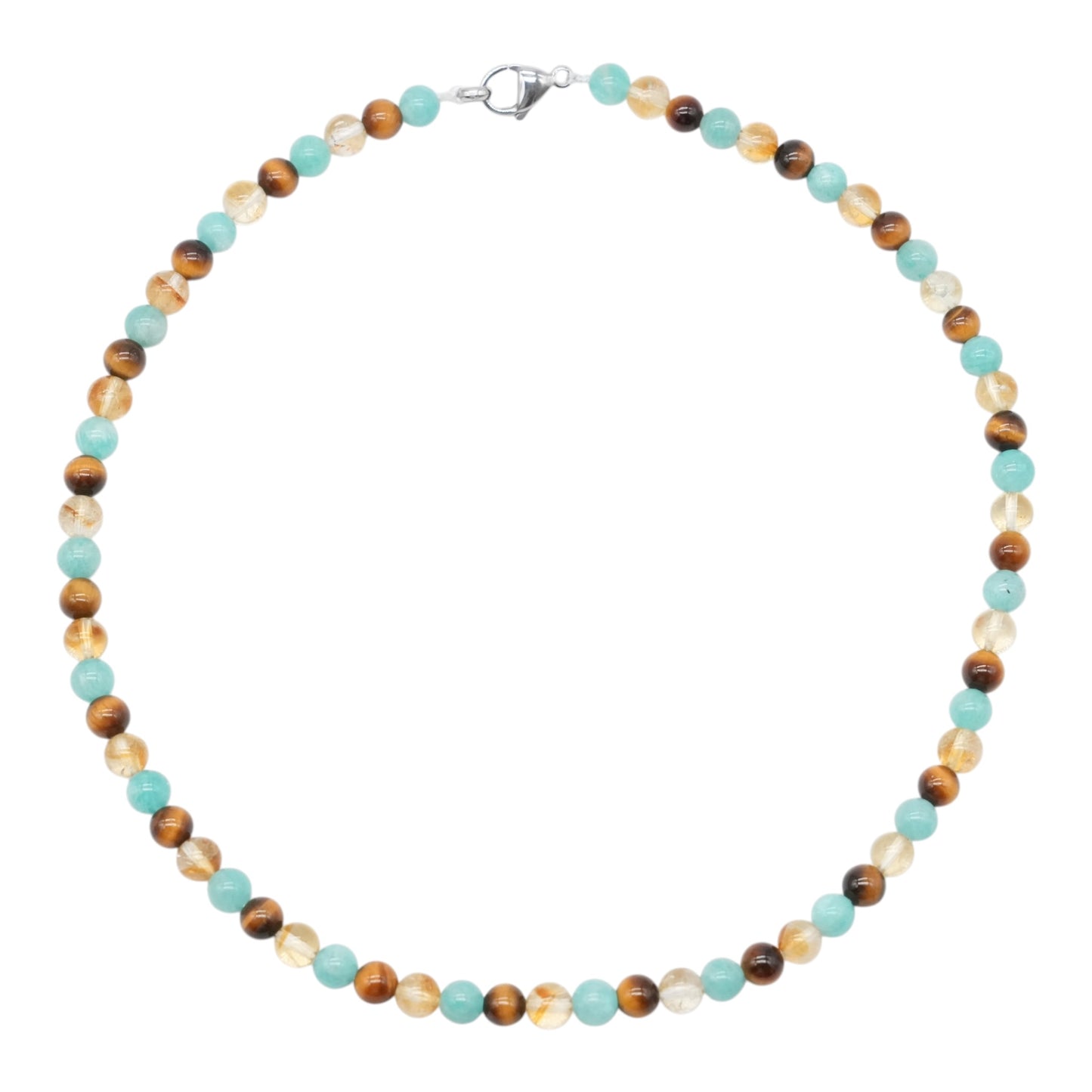 Collier Confiance en soi AA avec fermoir acier inoxydable — Citrine chauffée , Amazonite & Oeil de tigre (numéro 3)