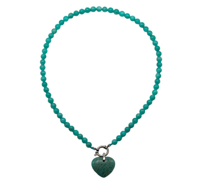 Collier boule en Amazonite du Perou A attache bouée en acier doré avec pendentif coeur