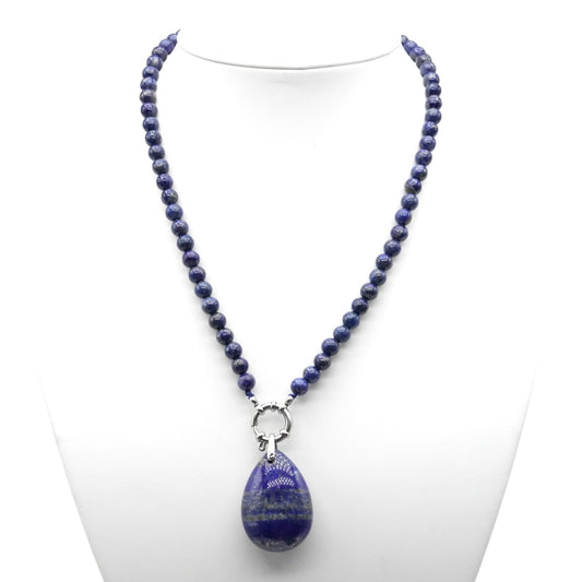 Collier boule en Lapis A attache bouée en acier argenté avec pendentif