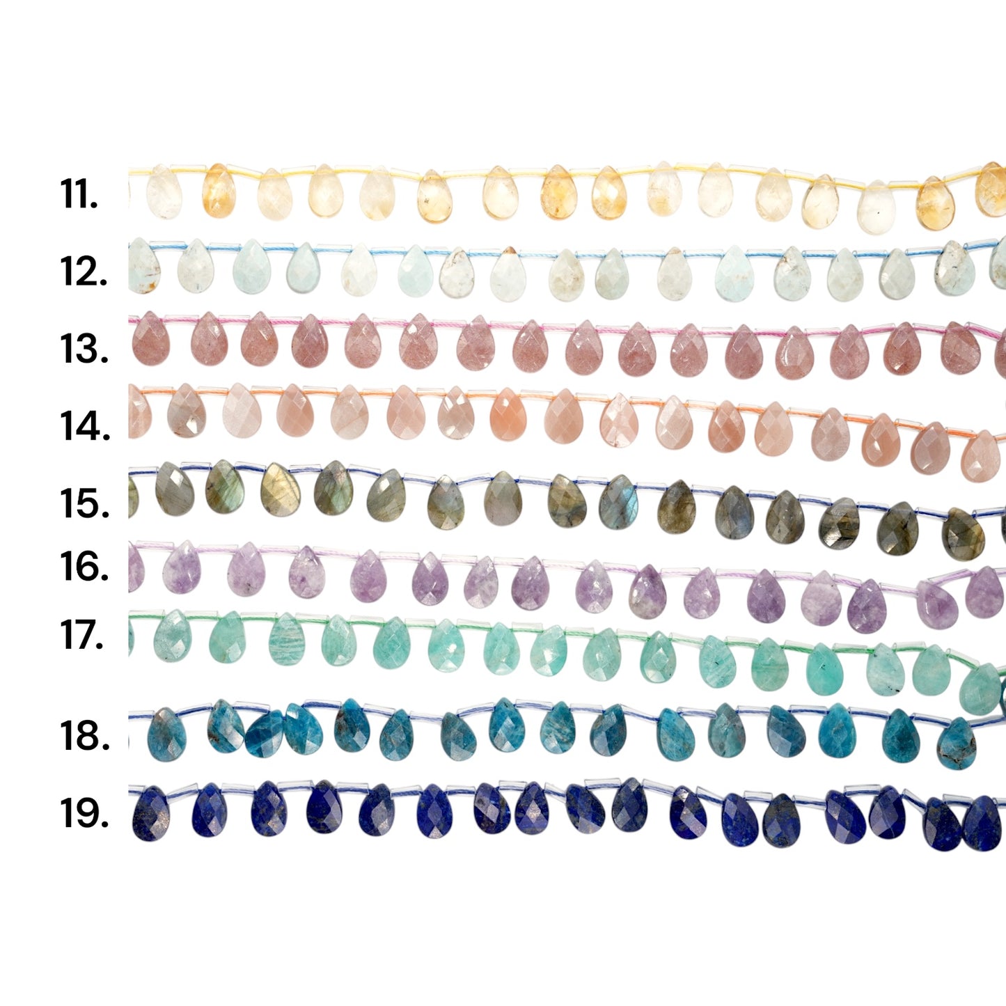 Fil de petits pendentifs goutte facetté plate 8x12 mm (19 pierres disponible)