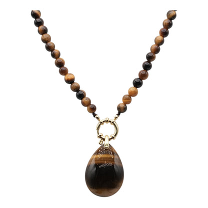 Collier boule en Œil de tigre A attache bouée en acier doré avec pendentif