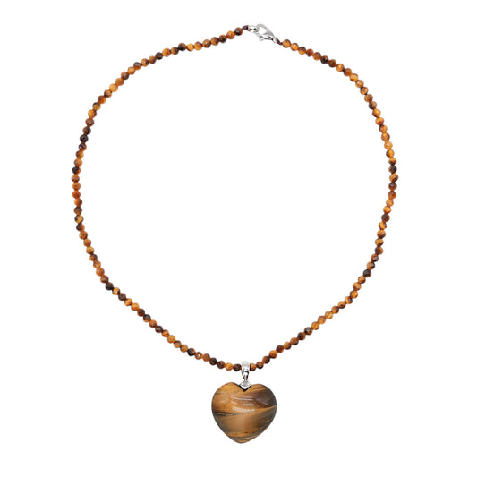 Collier facetté avec pendentif Oeil de tigre forme cœur acier inoxydable argenté