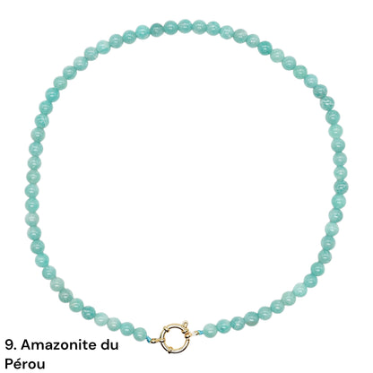 Collier 43 cm 6 mm avec fermoir bouée en acier inoxydable dorée ou argenté (20 pierres disponibles)