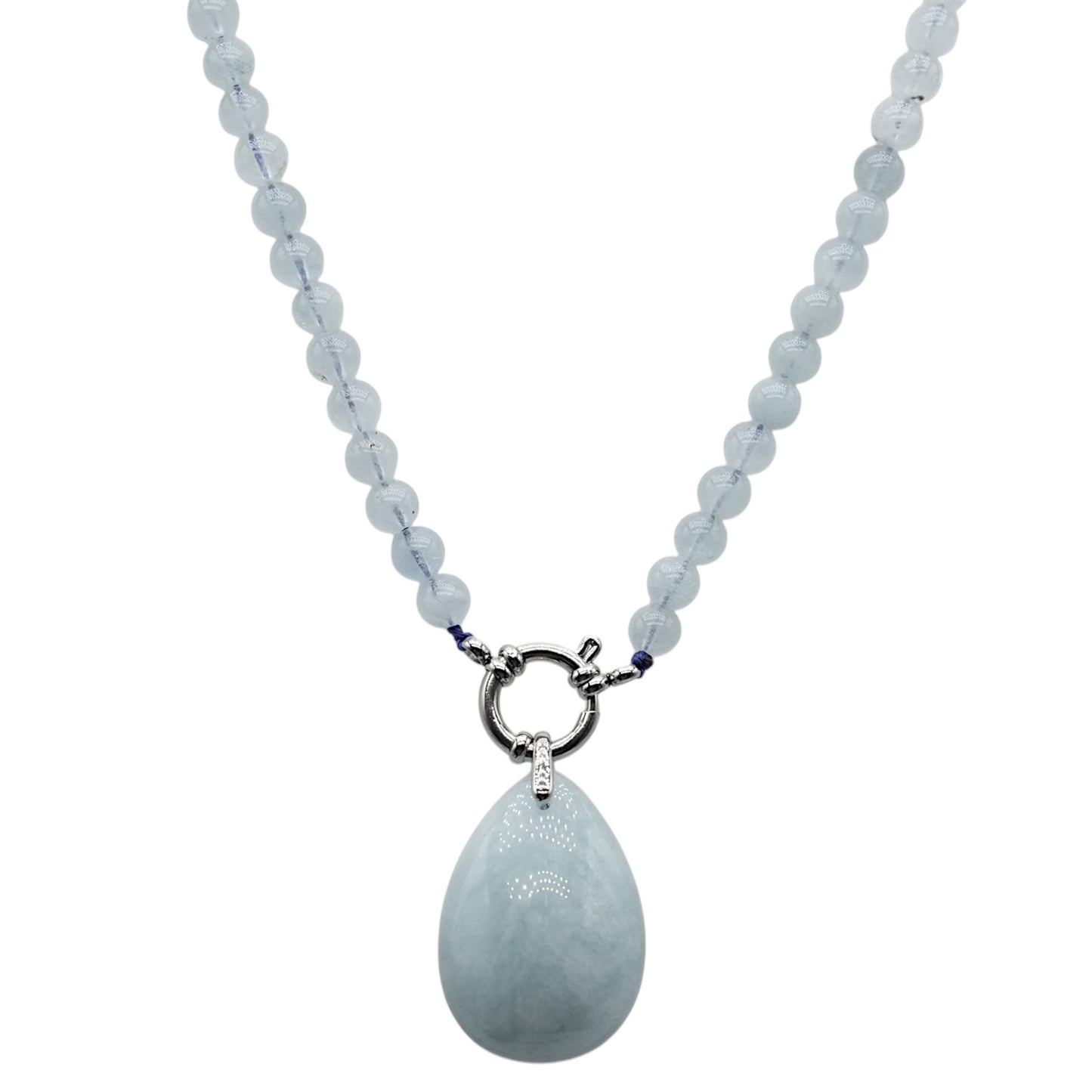 Collier boule en Aigue marine  attache bouée en acier argenté avec pendentif