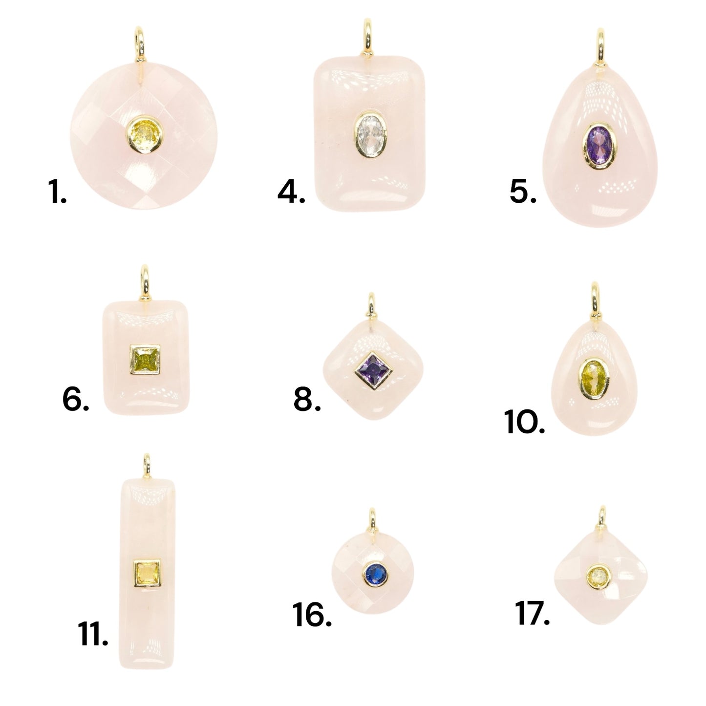 Collier/Pendentif en Quartz rose avec pierre Zircon couleur aléatoire (9 formes disponible)