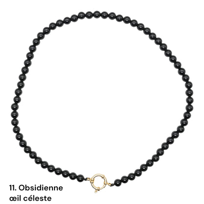 Collier 43 cm 6 mm avec fermoir bouée en acier inoxydable dorée ou argenté (20 pierres disponibles)