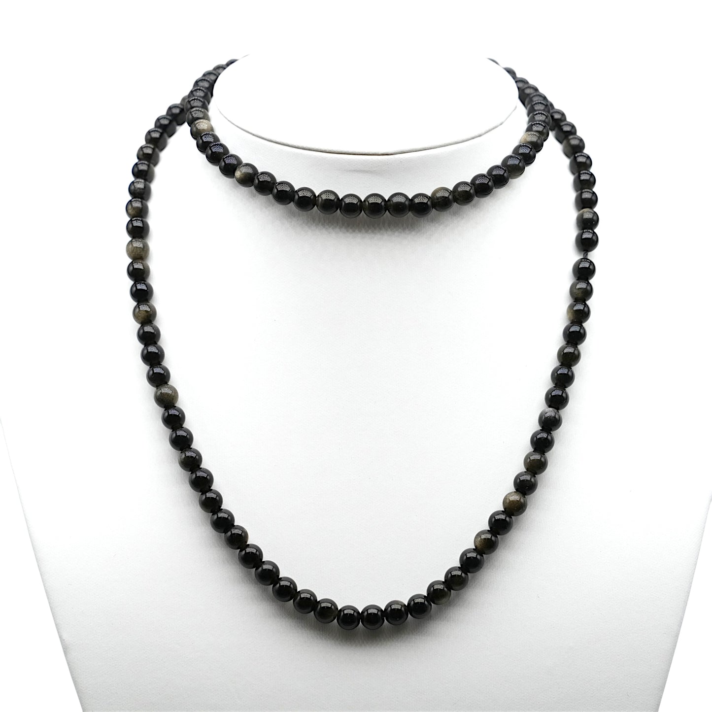 Collier sautoir 75 cm Obsidienne dorée 6 mm avec fermoir en acier inoxydable argenté