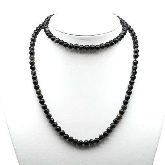 Collier sautoir 75 cm Obsidienne dorée 6 mm avec fermoir en acier inoxydable argenté