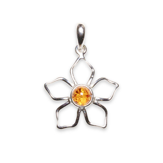 Pendentif ambre & argent forme fleur