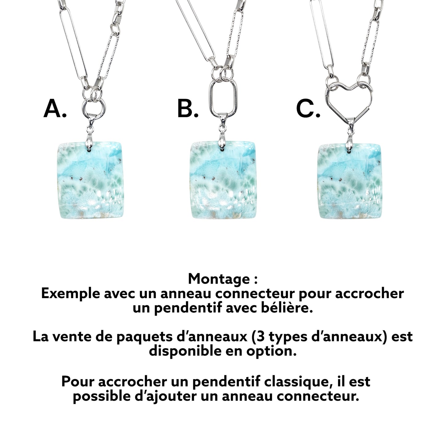 Chaîne de collier en acier inoxydable argenté personnalisable CHA (3 références) (pendentif mousquetons et anneaux connecteurs non inclus)