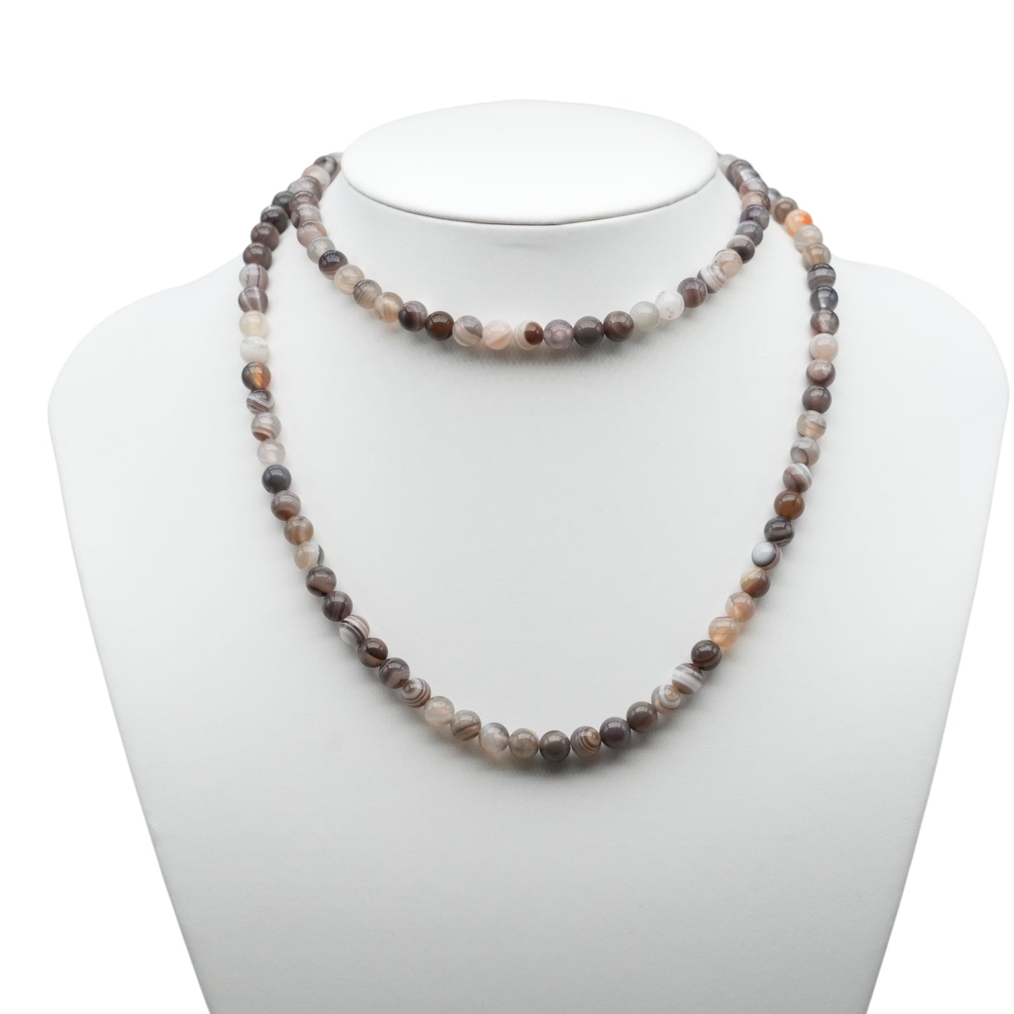 Collier sautoir 75 cm Agate du Botswana marron 6 mm avec fermoir en acier inoxydable argenté