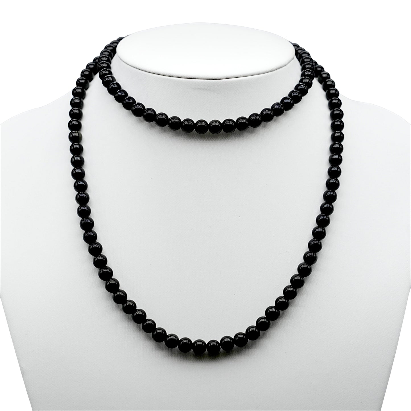 Collier sautoir 75 cm Obsidienne noire 6 mm avec fermoir en acier inoxydable argenté