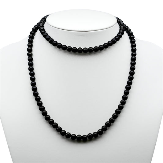 Collier sautoir 75 cm Obsidienne noire 6 mm avec fermoir en acier inoxydable argenté