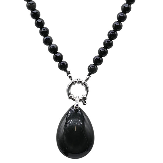 Collier boule en Obsidienne céleste attache bouée en acier argenté avec pendentif