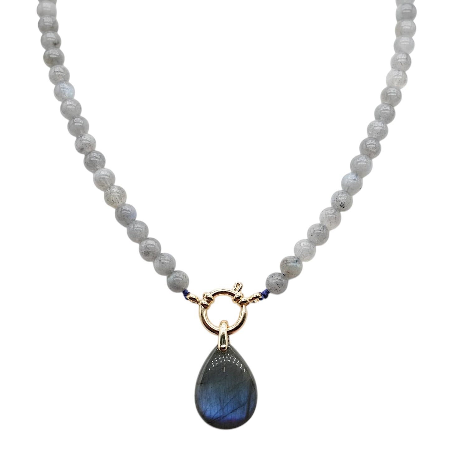 Collier boule en Labradorite attache bouée en acier doré avec pendentif