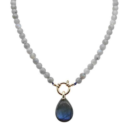 Collier boule en Labradorite attache bouée en acier doré avec pendentif