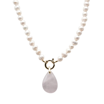 Collier perle d’eau douce 7-8 mm bouée en acier doré ou argenté avec pendentif Quartz rose