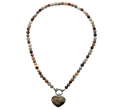 Collier boule en Agate crazy attache bouée en acier avec pendentif coeur 6mm