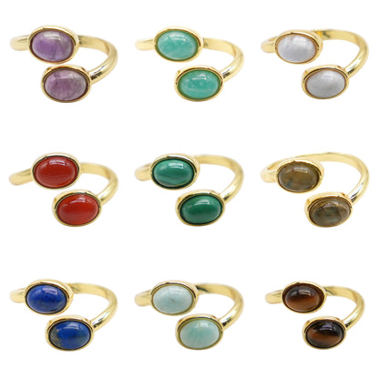 Bague DUO en laiton rhodié & pierre naturelle dorée (Réglable)