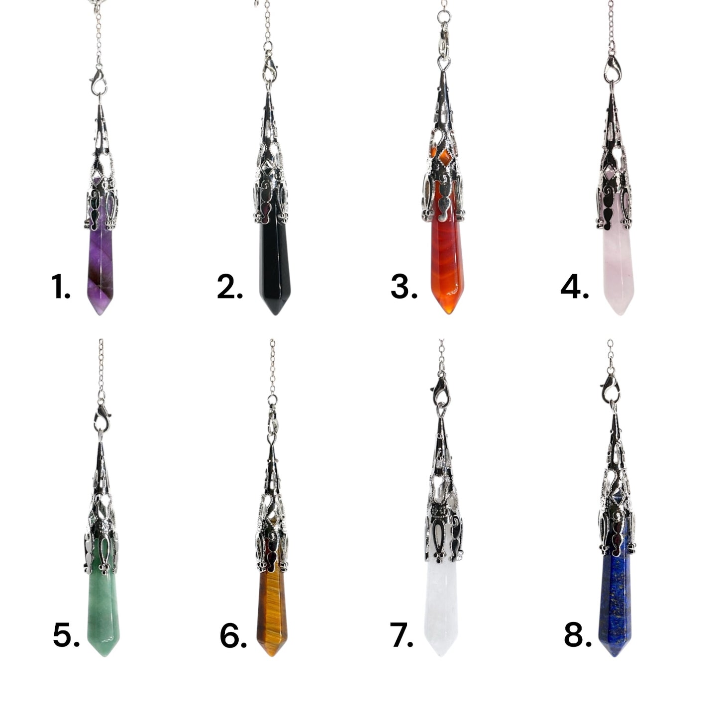 Pendule longue pointe (chaine en 7 chakras) (8 pierres disponible)