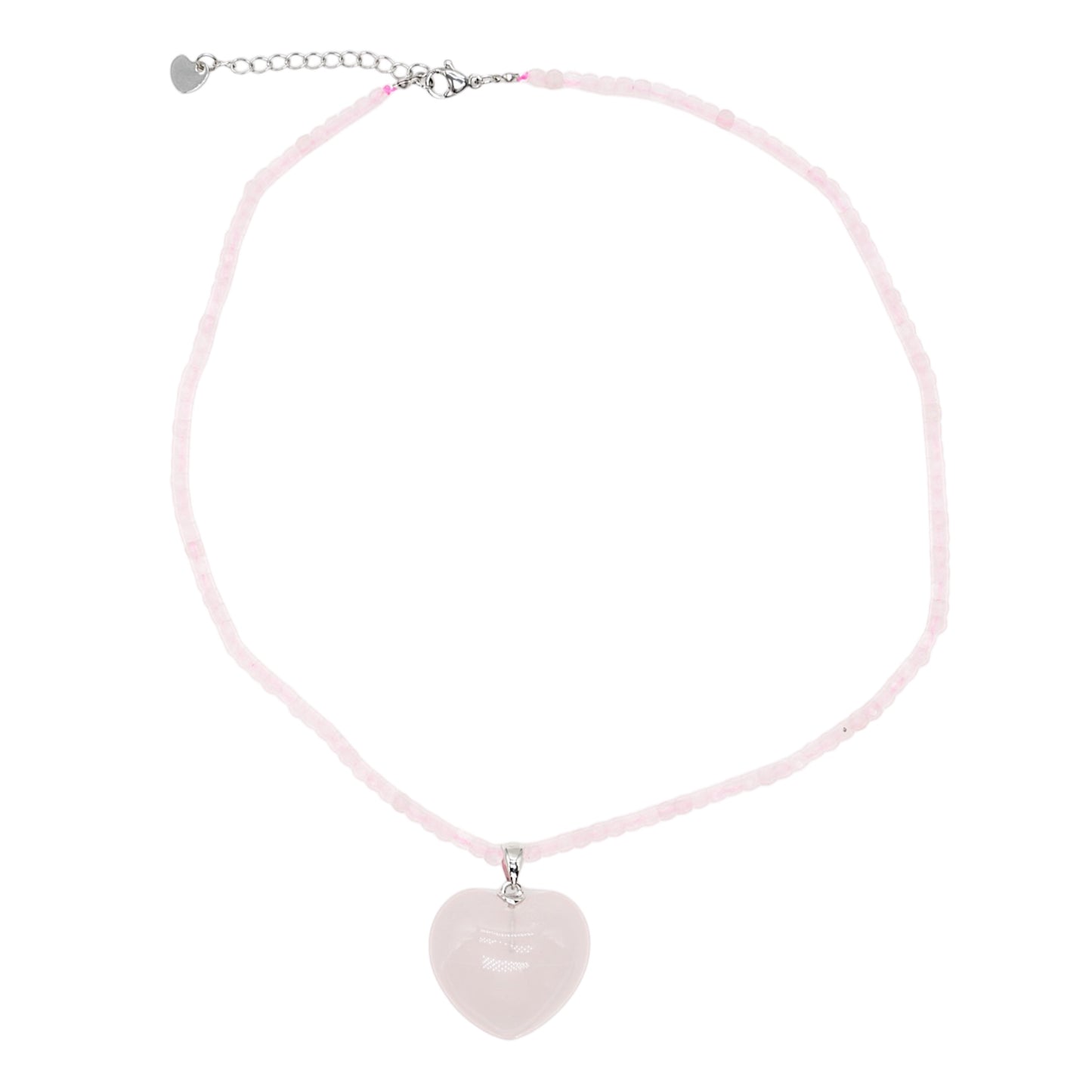 Collier facetté avec pendentif quartz rose forme cœur acier inoxydable argenté