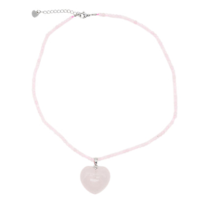 Collier facetté avec pendentif quartz rose forme cœur acier inoxydable argenté
