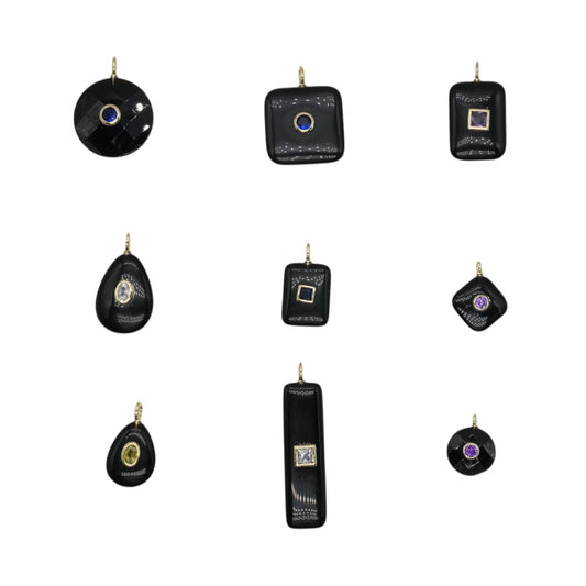 Pendentif en obsidienne noire avec pierre Zircon couleur aléatoire (11 formes disponible)