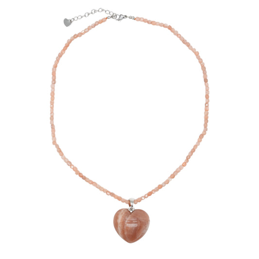 Collier avec pendentif pierre de soleil forme cœur acier inoxydable argenté