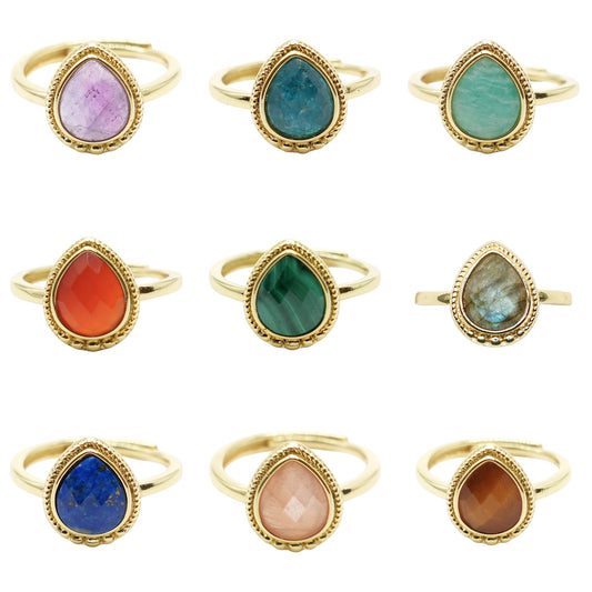 Rhodium-plated brass & natural stone ring (Adjustable) #4