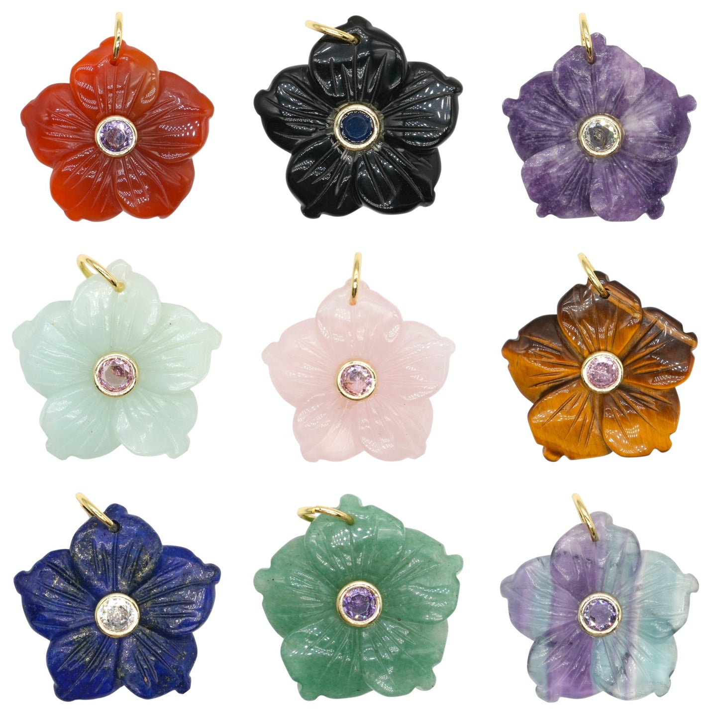 Pendentif fleur hibiscus 30 mm avec pierre zircon aléatoire (12 pierres disponible) (bélière non incluse)