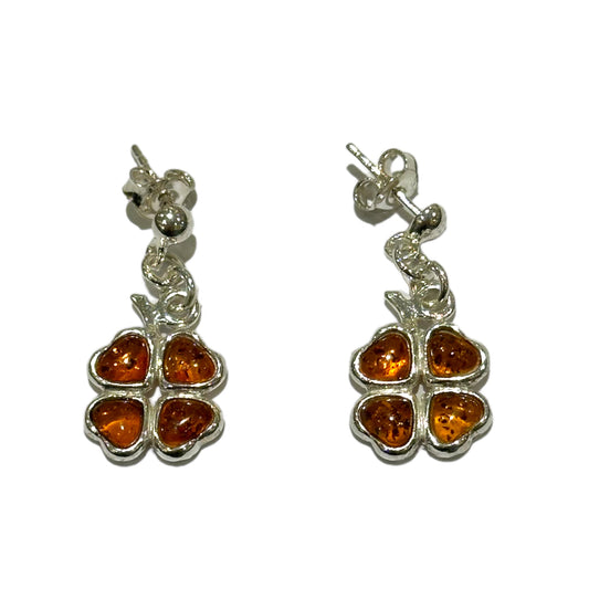 Boucle d'oreille trefle en ambre & Argent 925