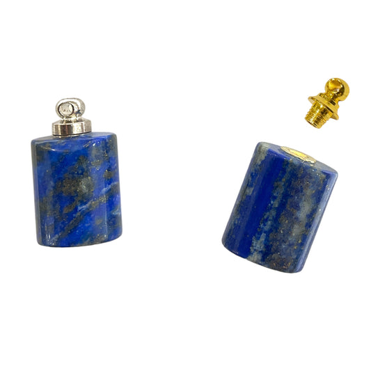 Pendentif fiole en Lapis lazuli & acier forme rectangle pour huile essentielle/parfum