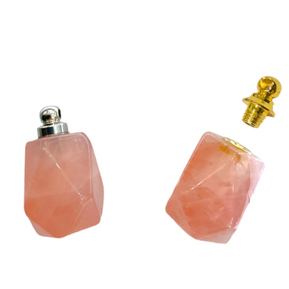 Pendentif fiole Quartz rose & acier en forme facetté pour huile essentielle/parfum