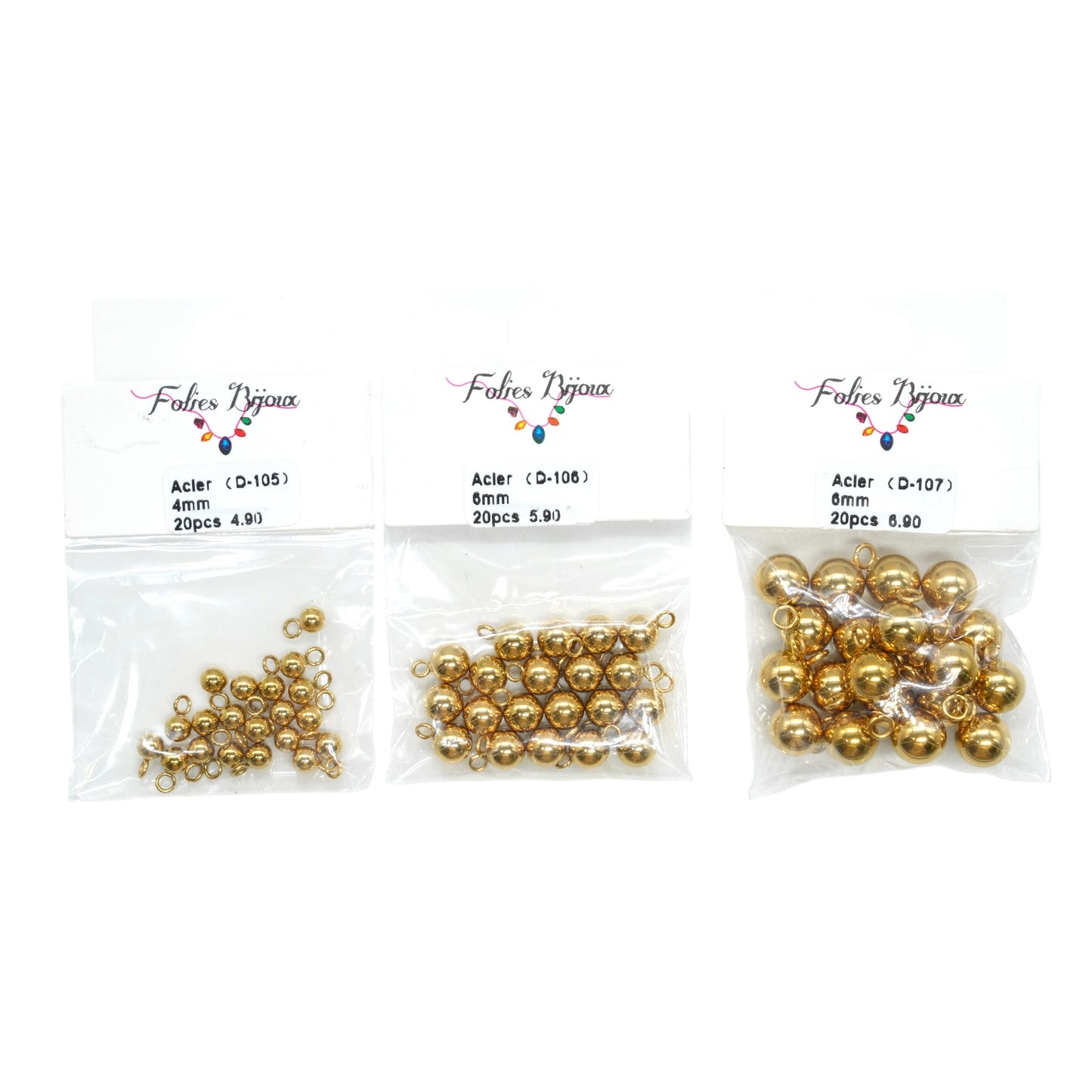 20 breloques acier doré boule avec anneau (3 tailles disponibles)