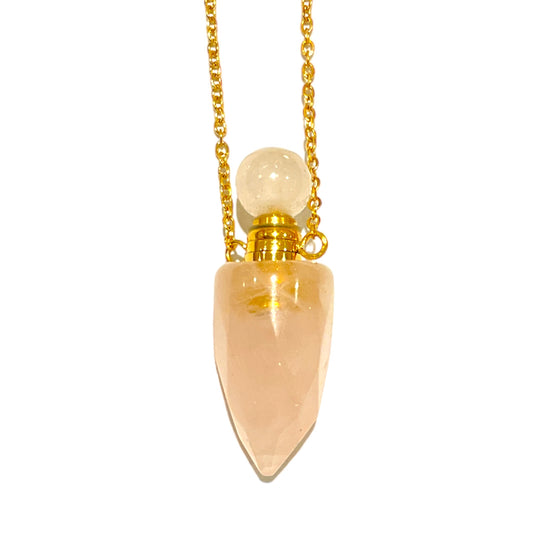 Collier fiole Quartz rose pour huile essentiel/parfum