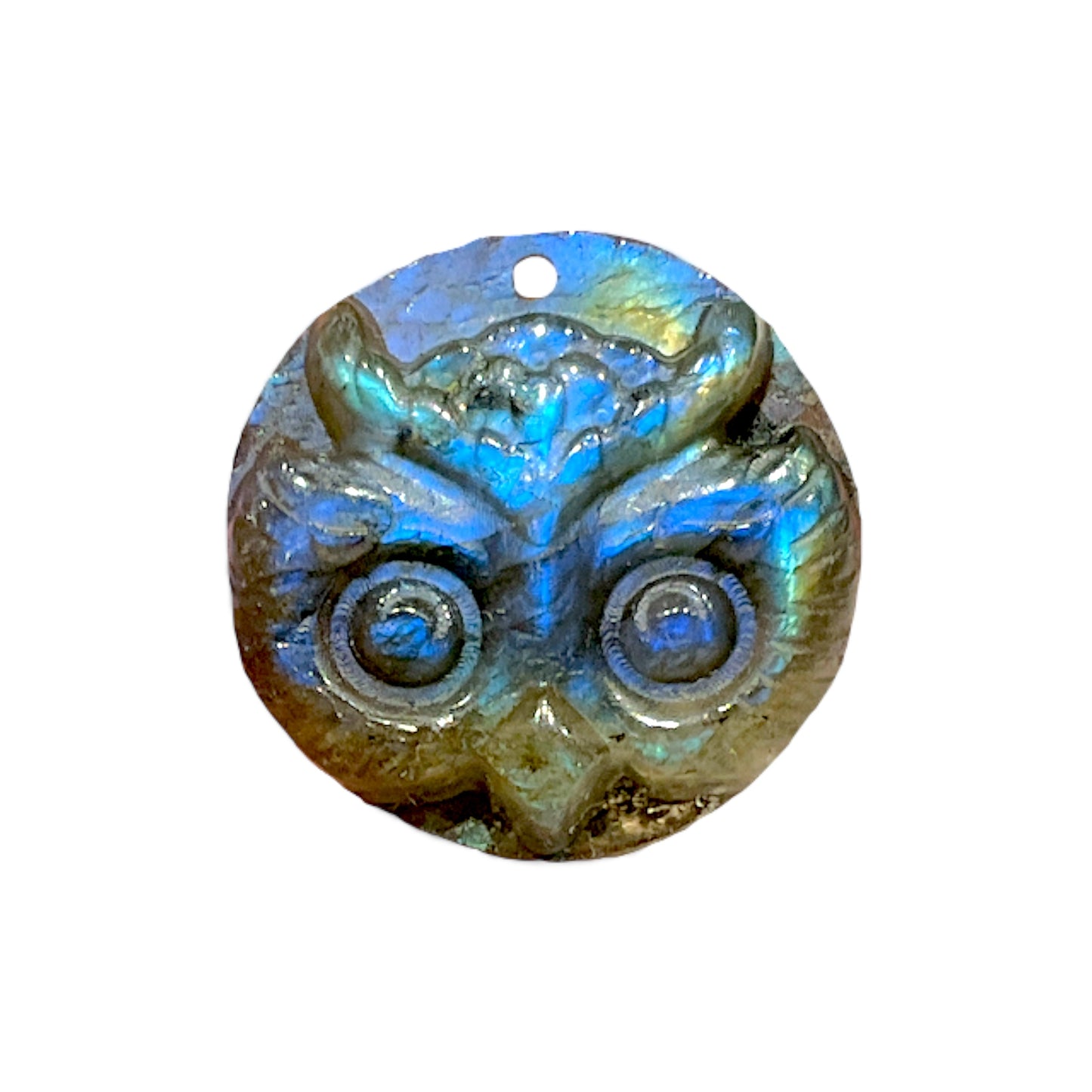 Pendentif plat Labradorite AAA tête de hibou percé devant