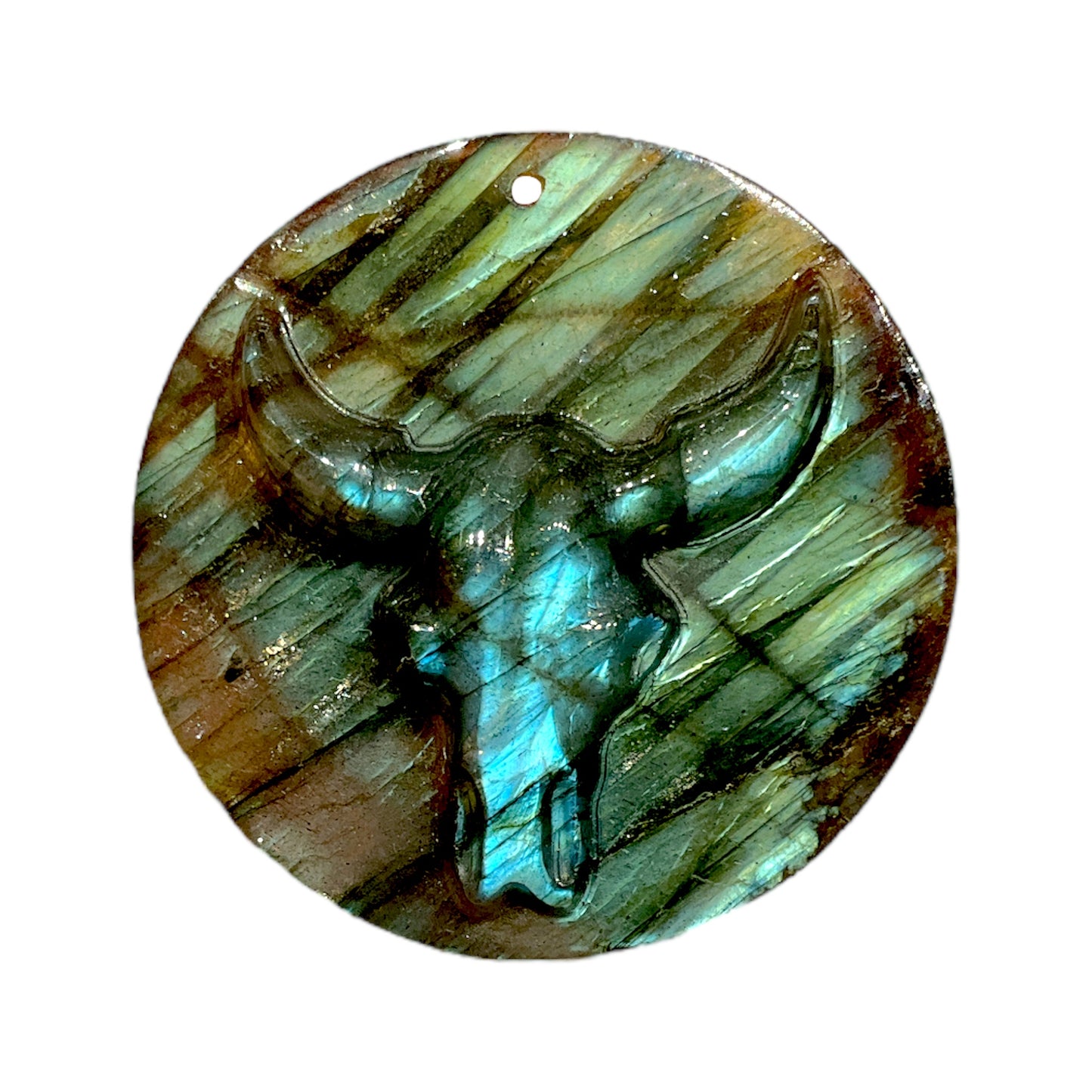 Pendentif plat Labradorite crâne buffle percé devant