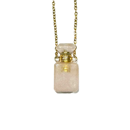 Collier fiole en quartz rose pour huile essentiel/parfum