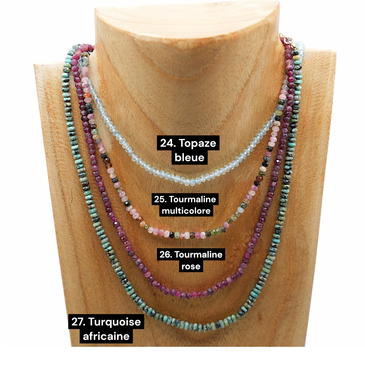 Multicolor tourmaline necklace 3x4mm gold/silver stainless steel