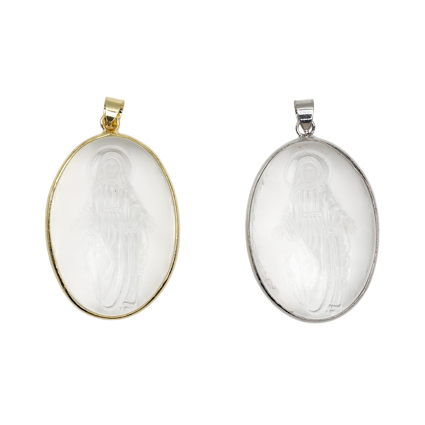 Médaille religieuse ovale en verre 4x3 cm – Monture dorée ou argentée