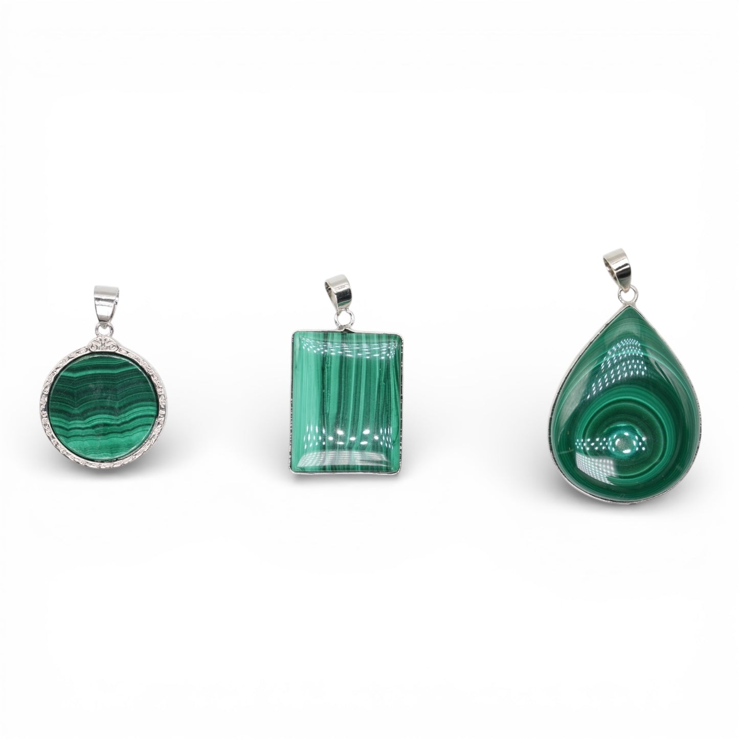 Pendentif en malachite en laiton argenté (3 formes disponible)