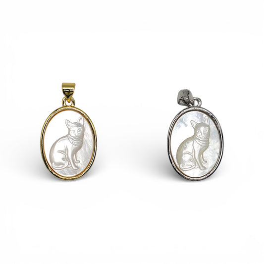 Pendentif ovale chat 15x20 mm – Monture dorée ou argentée