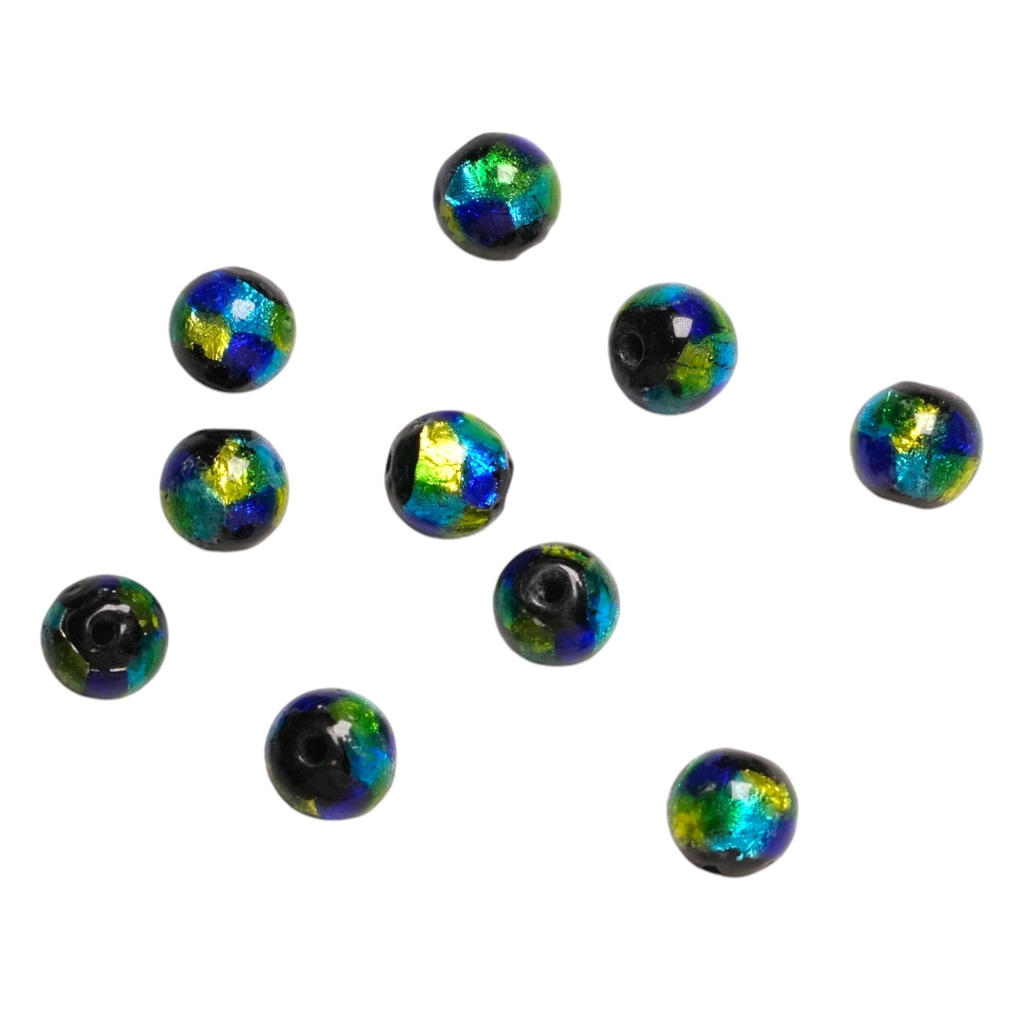 10 perles de verre phosphorescente jaune, vert bleue #24