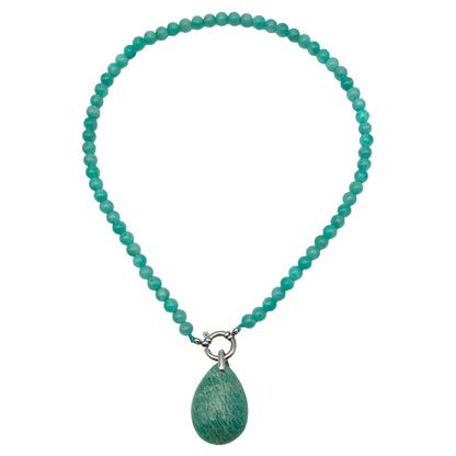 Collier boule en Amazonite du Perou A attache bouée en acier argenté avec pendentif